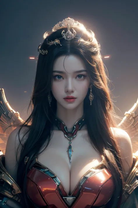 tmasterpiece,Best quality,A high resolution,8K,(Portrait),Head close-up,Digital Photography,(The goddess of mercy full of cyberpunk style),(Female Fairy),Halo of red magic shining behind the characters,A plump chest,cleavage,Elegant and serious,Arrogant an...