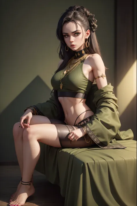 8K, RAW picture, rendered, goth girl wearing crop top, sitting, olive green walls, golden jewellery, full body, ultra-detailed, photorealistic, realistic face, realistic hands, realistic legs, cinematic