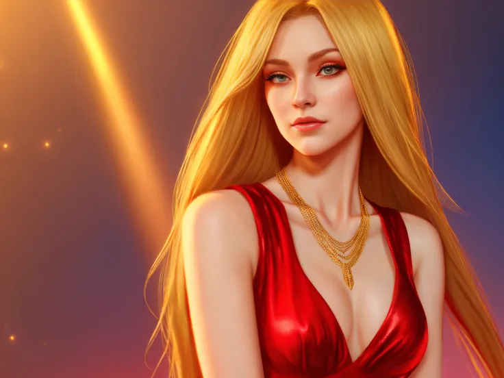 red open dress girl, long blonde hair, masterpiece, highest quality, realistic, chromatic lighting, colorized, detailed concept drawing, short neck, golden necklace, red iris