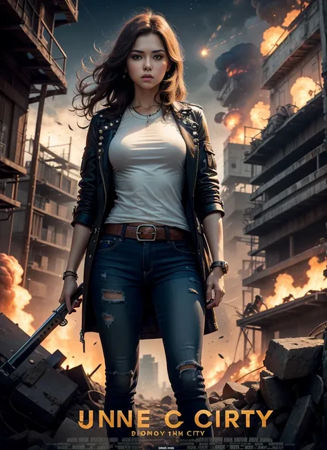 Movie poster, jungle city, lion warrior, medium chest woman, black jeans, belt, long t-shirt, coat, rivets, holster, rivets, explosions, jungle, ruins, just one body, night