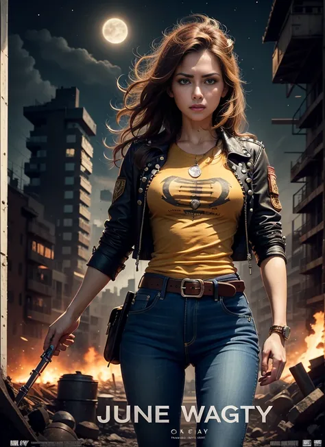 Movie poster, jungle city, lion warrior, medium chest woman, black jeans, belt, long t-shirt, coat, rivets, holster, rivets, explosions, jungle, ruins, just one body, night