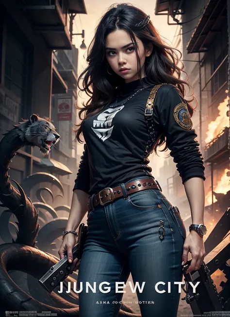 Movie poster, jungle city, lion warrior, medium chest woman, black jeans, belt, long t-shirt, coat, rivets, holster, rivets, explosions, jungle, ruins, just one body, night