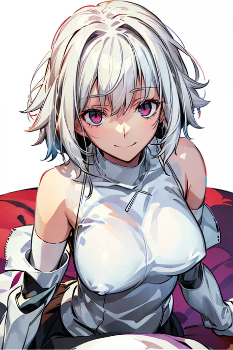 perspectives, cute smiling, sit on chair, strange perspective, white sweater，mediuml breasts, separate collar，exposed bare shoul...