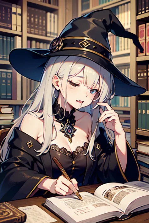 masterpiece,top quality,One witch, old grimoires, stacks of grimoires on a desk, ancient library, black robes, black witch hat, desk, drooling, dozing, reading books,