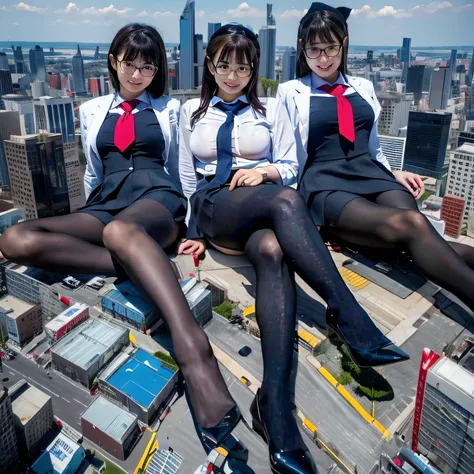 Multiple girls, giantess art, a hyperrealistic schoolgirl, , highly detailed giantess shot, der riese, Shorthair, Black pantyhose, Giant high school girl that exceeds a skyscraper。Wearing rimless glasses。Colossal tits。Navy blue blazer、Red tie、Mini Length S...