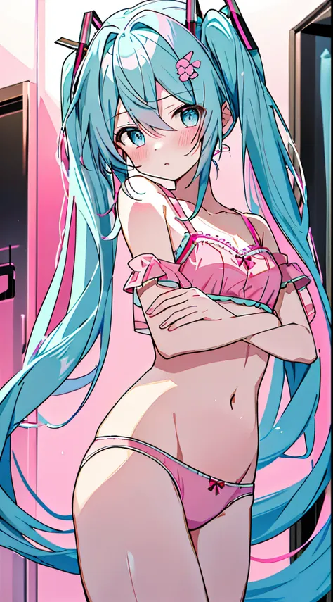 (8k、top image quality、top-quality、​masterpiece)、1 girl in、twin-tailed、hatsune miku、light blue  eyes、red blush、troubled face、smal...