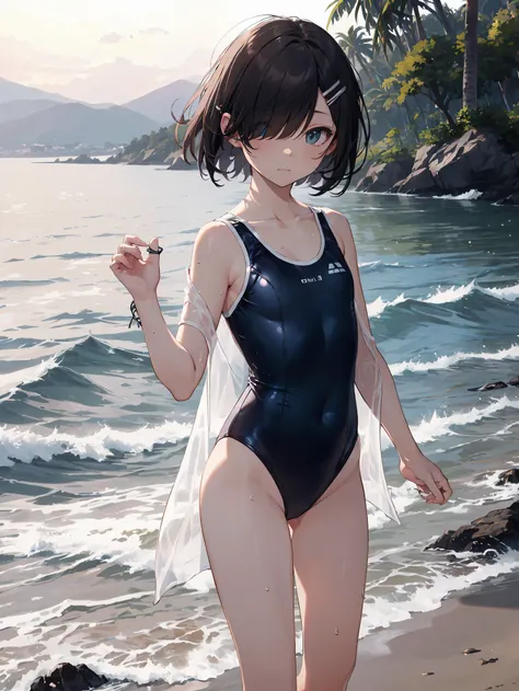 of the highest quality, anime moe art style,Best Anime 8K Konachan Wallpapers,Pixiv Contest Winner,Perfect Anatomy, BREAK,(Draw a picture of a girl in a swimsuit walking on the beach.),BREAK, 1girl is a beautiful girl with poor luck.,(Solo,Lori,child,13yea...