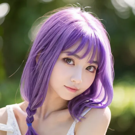 Beautiful purple hair Her eyes are clear white on the left, and her right eye is a deep purple.She has a very beautiful face.Her breasts are about H cup size.