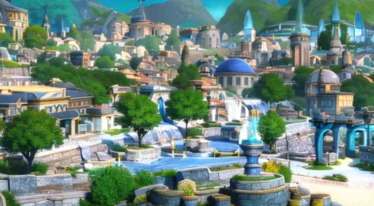 A close-up of a small town，There is a fountain in the middle, Downtown background, town in background, Small town background, Anime landscape concept art, Bustling magic town, medeival fantasy town, Fantasy town setting, beautiful anime scenery, Screenshot...