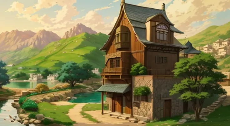 Alafid house with minaret and lake in background, beautiful anime scenery, beautiful anime scenes, Anime landscapes, Anime landscape concept art, tavern background, Anime countryside landscape, Ghibli Studio Environment, Small town background, Studio Ghibl...