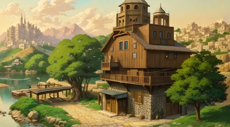 Alafid house with minaret and lake in background, beautiful anime scenery, beautiful anime scenes, Anime landscapes, Anime landscape concept art, tavern background, Anime countryside landscape, Ghibli Studio Environment, Small town background, Studio Ghibl...