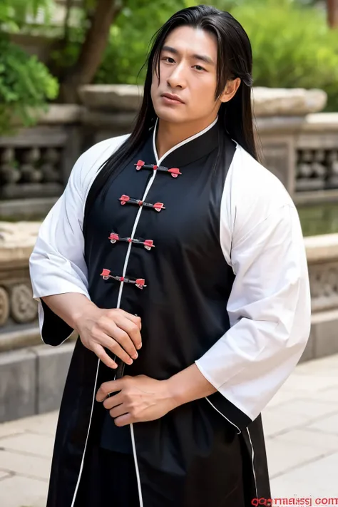 nsfw,Long Black Hair, Ancient Chinese Clothes, Middle-aged man, muscular, Big man