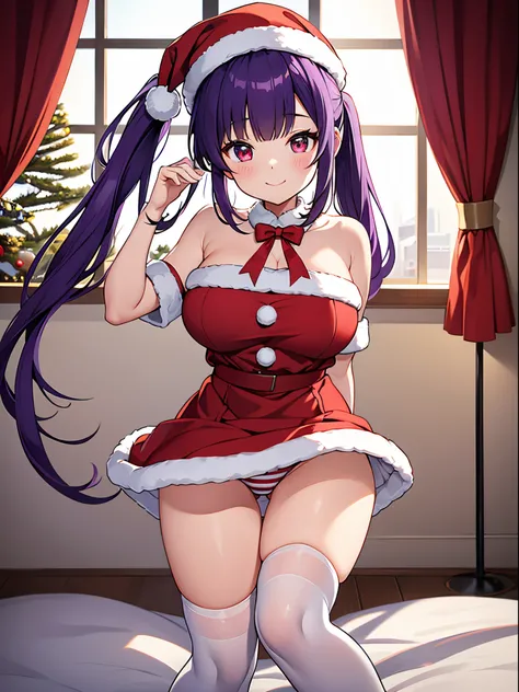 ８K、Best Quality、snowy night、room with outside view、独奏、a beauty girl、delicated face、a smile、Long pigtails、Purple hair、red eyes、Colossal tits:1.8、big butts:5.5、big breasts thin waist、Beautiful constriction、shinny skin、beauty legs、santa clothes、white knee-soc...