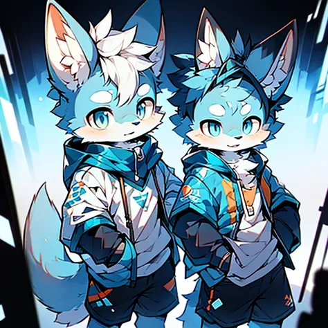 schoolboy，young，独奏，White fox with blue pattern，Wearing a cyberpunk style hoodie and shorts，The eyes are bright，face to the viewer，adolable，shaggy，