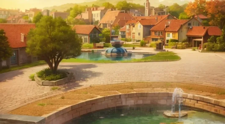 A small pond in front of a building with a fountain, Small town background, Downtown background, Renaissance port city background, beautiful anime scenes, beautiful anime scenery, Bustling magic town, Anime landscapes, Anime background art, anime scene, An...