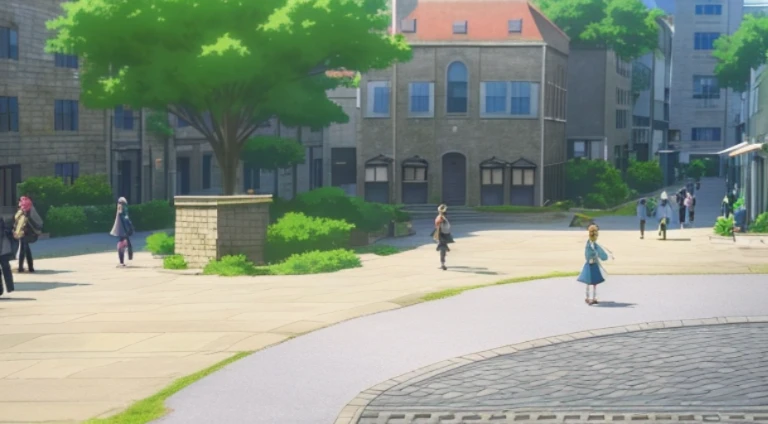 Animation scene of a group of people walking in the courtyard, anime scene, town in background, ruins in the background, Today’s recommended anime is still, Downtown background, boromir in an anime world, some houses in the background, Small town backgroun...