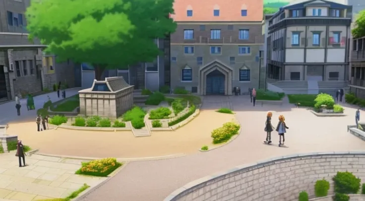 Animation scene of a group of people walking in the courtyard, anime scene, town in background, ruins in the background, Today’s recommended anime is still, Downtown background, boromir in an anime world, some houses in the background, Small town backgroun...