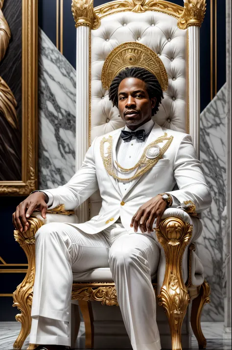 an african american billionaire in a white suit sitting on a marble white throne, intricate detail, chair centered, expensive pa...