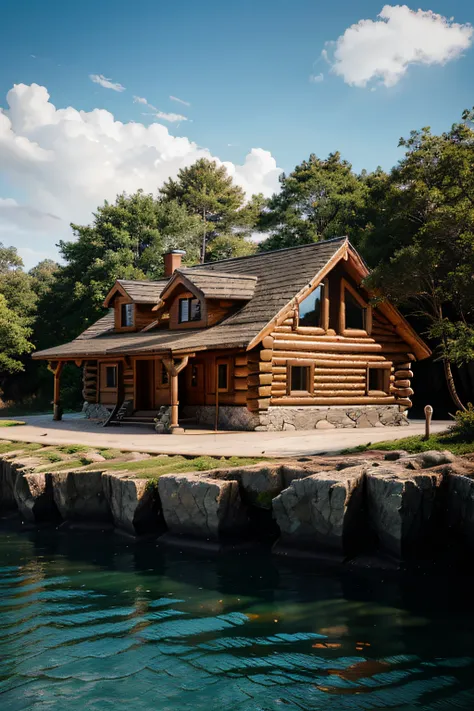 Photorealistic log house, by the sea