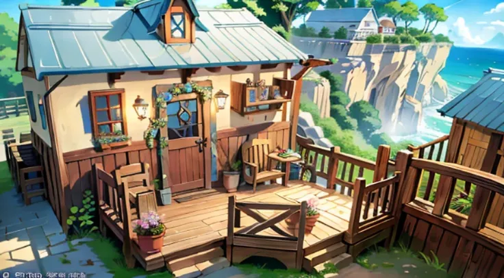 There is a small house on an island，There is a bridge, a multidimensional cozy tavern, Rune Factory 5 art style, rune factory 5, anime scene, tavern background, Anime landscape concept art, anime yulu camp, Epic spacious courtyard, Downtown background, off...