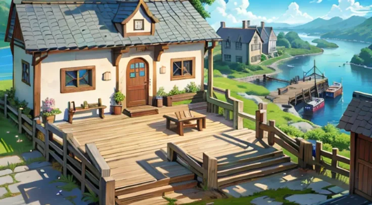 There is a small house on an island，There is a bridge, a multidimensional cozy tavern, Rune Factory 5 art style, rune factory 5, anime scene, tavern background, Anime landscape concept art, anime yulu camp, Epic spacious courtyard, Downtown background, off...