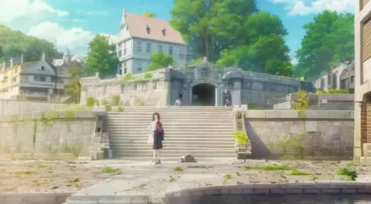 Anime scene of a group of people standing on a stone walkway, anime scene, Today’s recommended anime is still, beautiful anime scenes, in the anime film, high quality anime movie still, Screenshot of the animated movie, Anime beautiful peaceful scene, Offi...