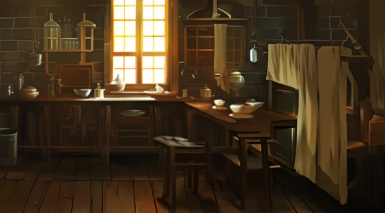 There was a small kitchen，Has window and sink, Madhouse Studio anime style, a multidimensional cozy tavern, Shen Haicheng, anime scene, ( ( Shinkai sincerely ) ), Anime background art, Shinkai sincerely. —h 2160, In a dark laboratory room, Studio Ghiblis b...