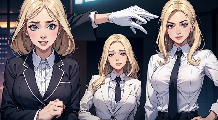 a white woman with business suit with 4 different expressions on detailed face like surprise, sad, smile and laugh