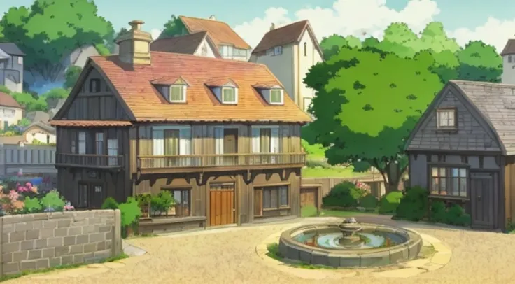 Anime style house in a small town with a fountain, Anime landscape concept art, Madhouse Studio anime style, Anime countryside landscape, Anime landscapes, ghibli studio anime style, Anime background art, beautiful anime scenes, anime scene, beautiful anim...