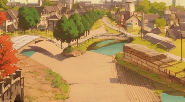 There is a small bridge over a small pond in the town, Downtown background, Small town background, Bustling magic town, Renaissance port city background, town in background, Anime landscape concept art, Anime landscapes, anime scene, beautiful anime scener...