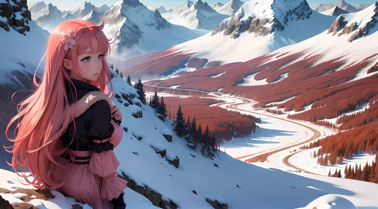 a fiery red hair、Anime girl in pink skirt looks into the distance from the top of the snow mountain