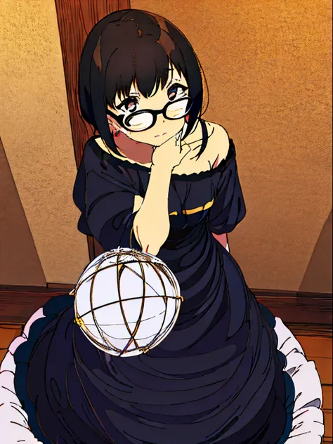 Round glasses、girl with、small tits、Troubled eyebrows、Mashed Shorthair、perspiring、Black dress、Gold earrings、ball、A dark-haired、Too eyebrows、Small stature