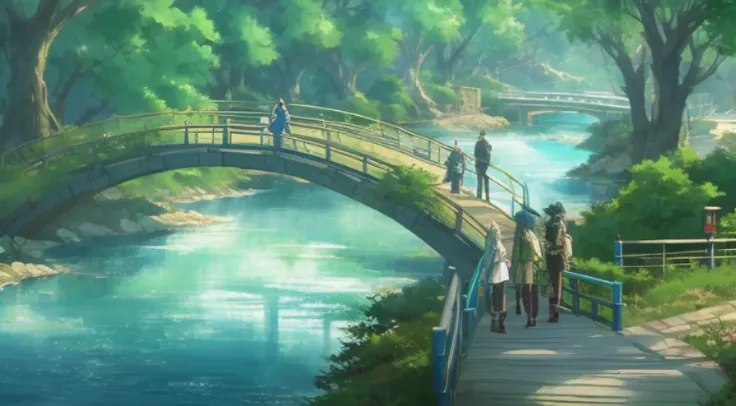 Anime style scene with people on the bridge over the river, Greengar, beautiful anime scenes, Anime landscape concept art, beautiful anime scenery, Today’s recommended anime is still, Guwitz and Xin Haicheng, kyoto animation still, Makoto Shinkai and Biowa...