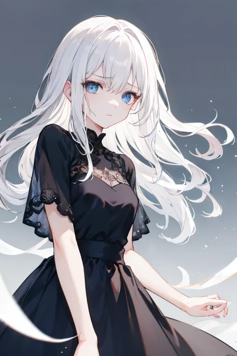 wavy white hair　saddened　unhappy　doa　feminine black dress　Blue eyes　About 20 years old