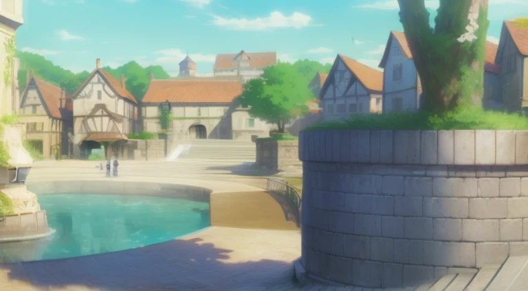 Animation scene of courtyard with fountain and buildings, Anime landscape concept art, town in background, beautiful anime scenery, Anime landscapes, beautiful anime scenes, Downtown background, Small town background, lulua studio, Anime background art, An...