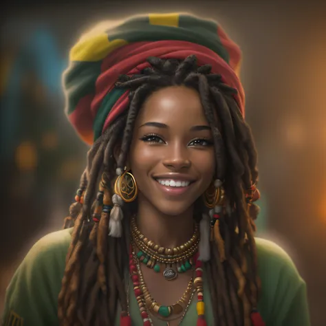 Rastafari girl smiling with Rastafari accessories in dreadlocks, fotografia, soft-lighting, detalhes suaves, octana, Artstation Trend, ultra alto detalhe, Ultra realista, cinemactic, 16k, Imagem com pelo menos 300dpi, fundo preto, lighting to highlight the...