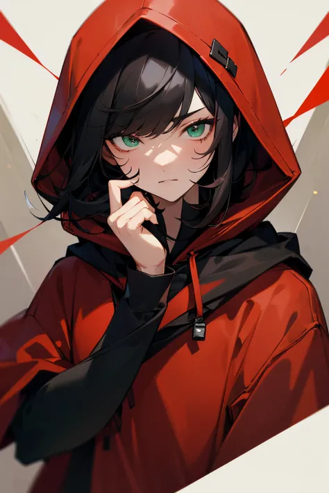 (masterpiece), best quality, face portrait, femboy, man, teenager, dark-red hoodie with a hood on, ash-black hair with bangs that cover the right eye with a brown lock of hair in the middle of the bangs, green eyes, calm gaze and a sly expression