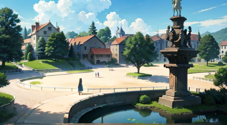 Anime screenshot of a town with fountains and horses, beautiful anime scenes, town in background, Small town background, beautiful anime scenery, Anime countryside landscape, Bustling magic town, Anime landscapes, distant village background, Downtown backg...