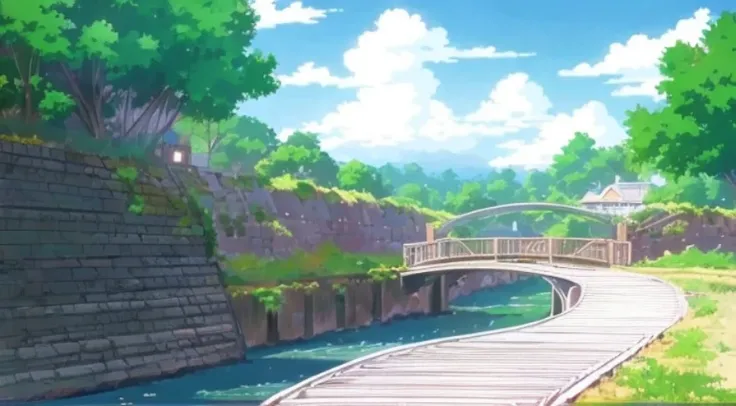 There is a bridge over the river，Animated scene with a bridge in the middle, Anime landscapes, beautiful anime scenery, beautiful anime scenes, Anime background art, Anime countryside landscape, anime backgrounds, Anime landscapes, anime scene, Anime lands...