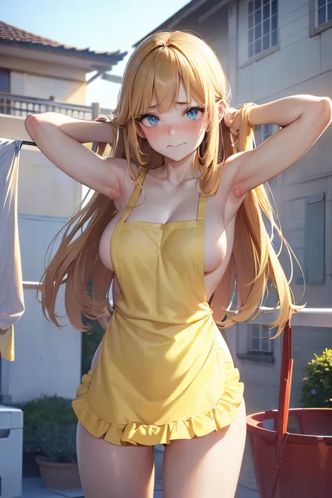 (8K, ​masterpiece, Best Quality, ultra-detailliert, Professional Lighting, perfect anatomy, anime colored), dynamic angle, 24yo beautiful 1woman, Japanese, large breasts, (completely nude:1.5), (Yellow naked apron:1.5), bare head, bare arms, bare legs, cur...