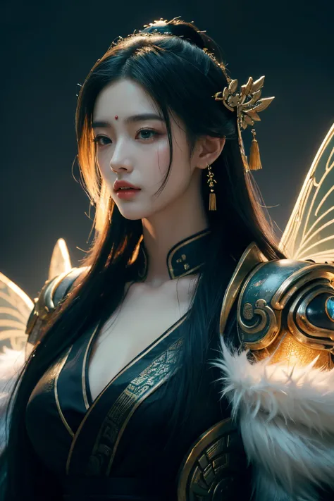 tmasterpiece,Best quality,A high resolution,8K,(Portrait),Head close-up,Original photo,digital photography,(Cyberpunk-style gods),(The image of female immortals in Chinese mythology),black color hair,A plump chest,Fairy fluttering antique trench dress,luxu...