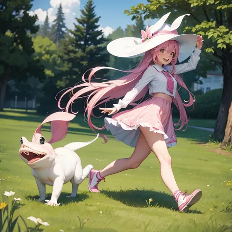 A girl with pink long hair with hat, white long frog, laughing,  walking on green grass, looking at viewer masterpiece high resolution