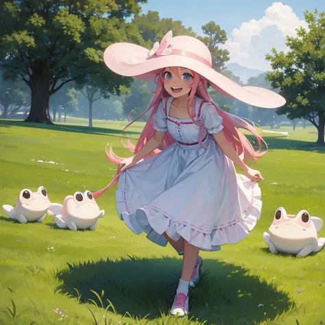 A girl with pink long hair with hat, white long frog, laughing,  walking on green grass, looking at viewer masterpiece high resolution