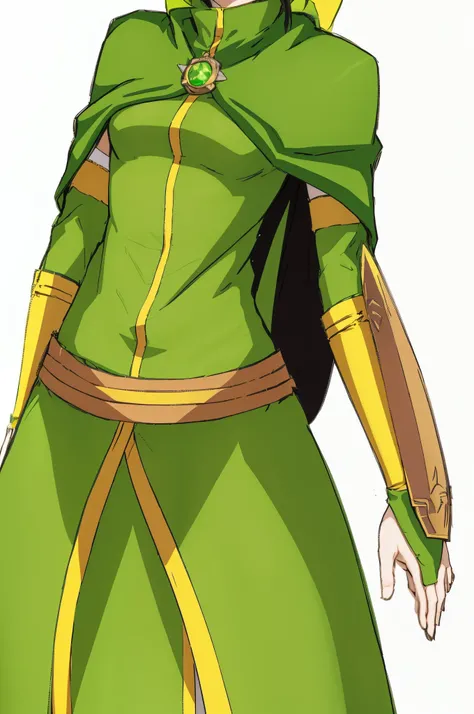 a close up of a person in a green outfit with a yellow belt, rogue anime girl, with a green cloak, green cloak, female earth mage, chiho aoshima color scheme, full body close-up shot, toph bei fong, full body concept, wearing green cloak, wearing a green c...