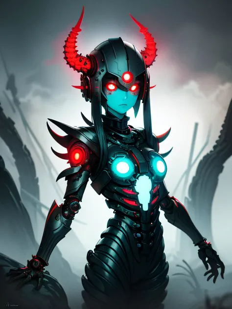 Masterpiece, (Dark art), anime girl in biopunk style, gray-turquoise leather, red eyes, open shoulders, biopunk biomechanical helmet, biopunk bracers, red tentacles on the skin, Cold lighting, Horror atmosphere, highly detailed biopunk art, gadgets from Ha...