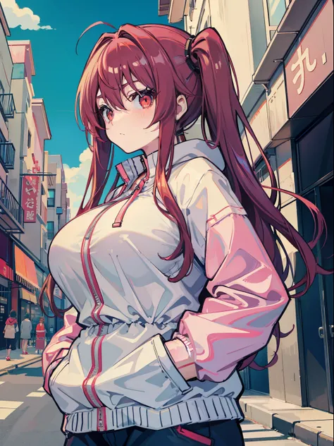 Anime Big breasts，1个Giant Breast Girl，whaite hair, red - eyed, Shy little breasted lolita in windbreaker，With a shopping street as a backdrop，Put your hands in your pockets