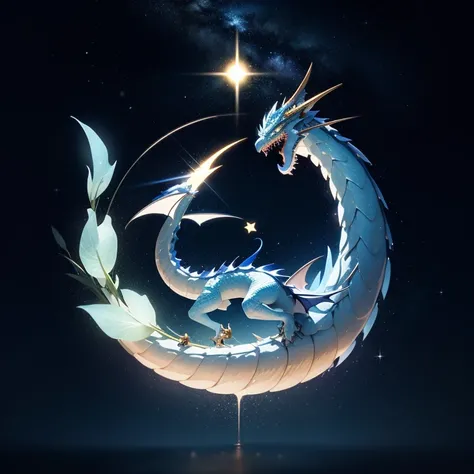 Light blue dragon、illustratio、cute little、Starry sky background、leave some space、New year pleasure 2024 displayed in simplified Chinese