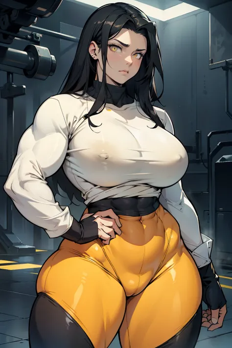 sad girl muscular muscular muscular breasts breasts breasts thick thick thick thick black hair yellow eyes pale skin pale skin thick thick thick leggings tight shirt long sleeve dark atmosphere thick thick thick thick thick thick muscular simple background