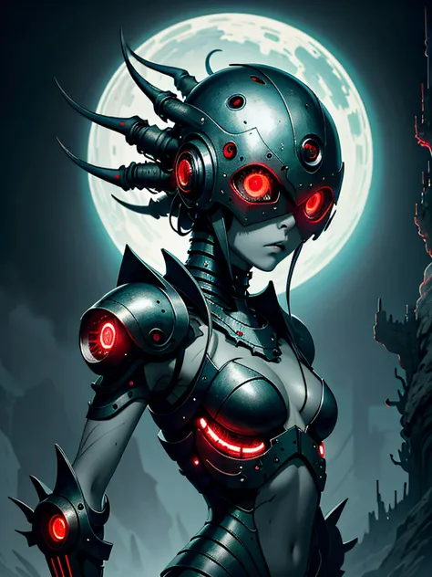 Masterpiece, (Dark art), dark anime girl, (gray-turquoise leather), red eyes, gray hair, open shoulders, biomechanical helmet, biopunk bracers, red tentacles on the skin, Cold lighting, Horror atmosphere, highly detailed biopunk art, gadgets from Hans Gige...