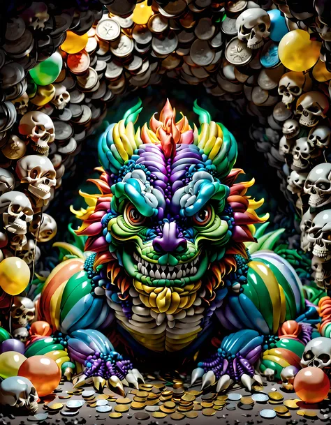 (solo:1.3), (symmetrical:1.3), baloonz, angry dragon king made out of baloons (((looking at the viewer))), (((inside a cave full of coins))), (rainbow behind the head), ((skulls)), dimly lit, More Detail